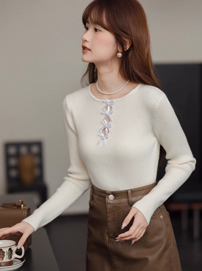 Wool Neck Round Loose Slim Top Design Ribbon