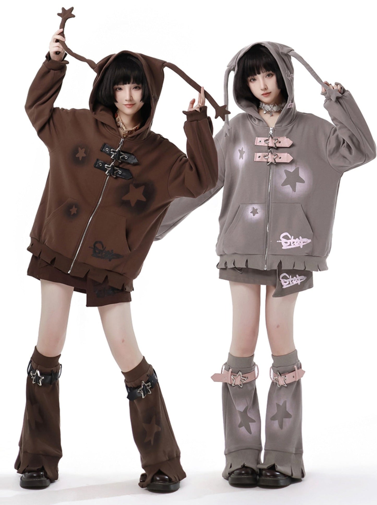 Star American Print Loose Zip Hoodie + Irregular Skirt + Leg Warmers