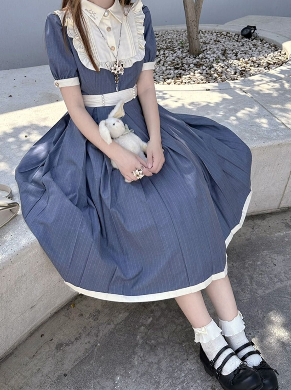 Summer Belt Waist + Collar Dress Ruffle White Retro