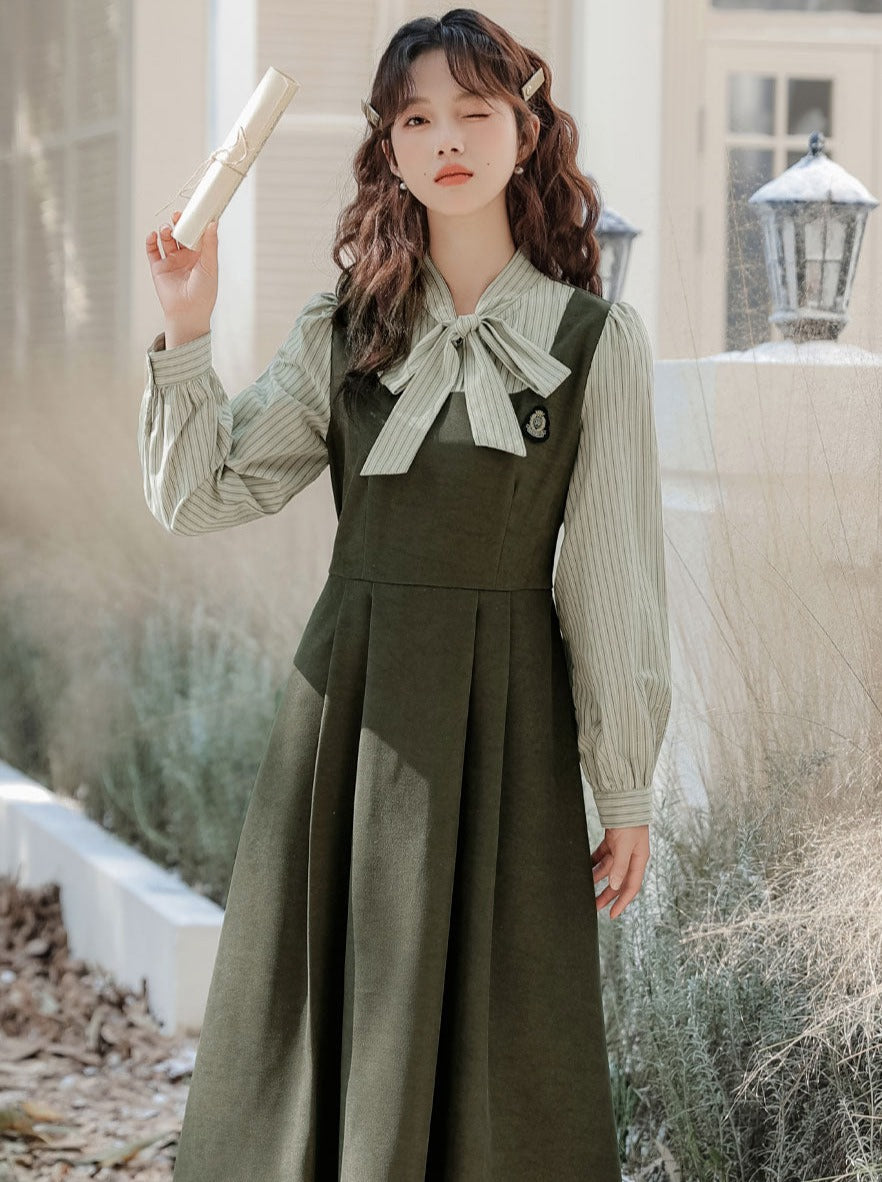 Striped Style Dress Splicing Faux College