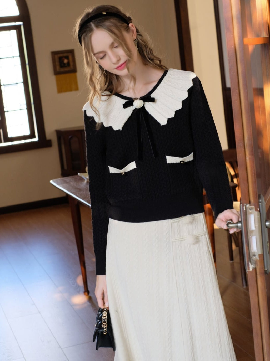Sweater Block Web Ribbon Retro Lapel French Color Cardigan