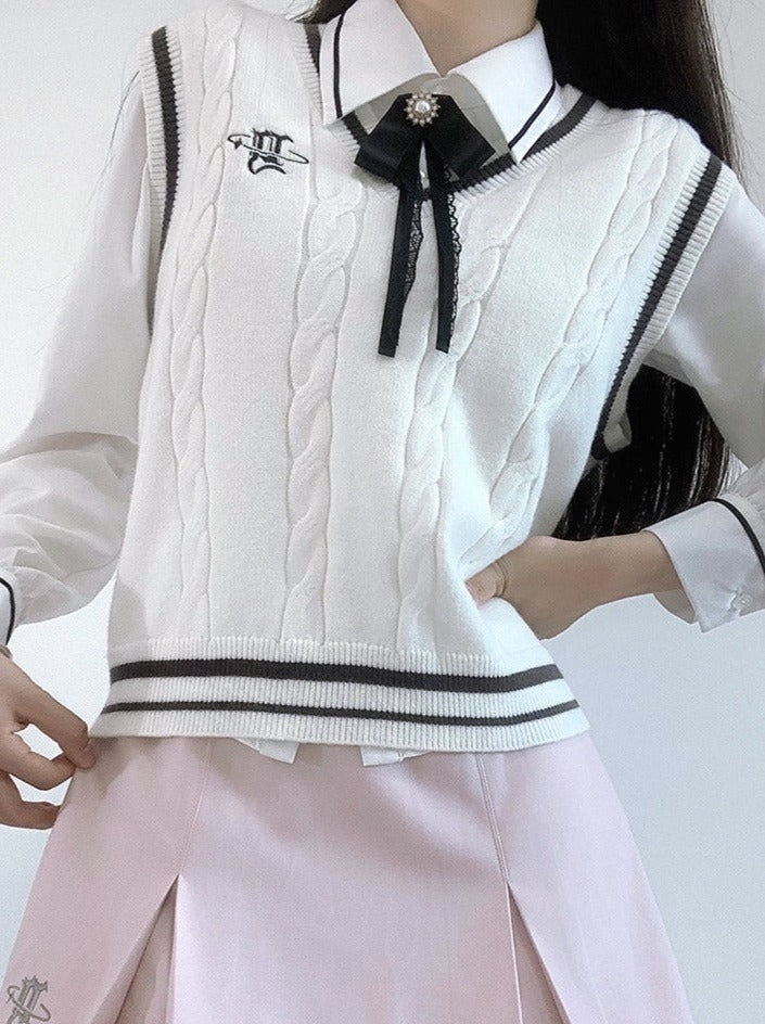 Veste Collège Gilet + Jupe Chemise Box + Slim Plissé Fille Doux Style Ruban