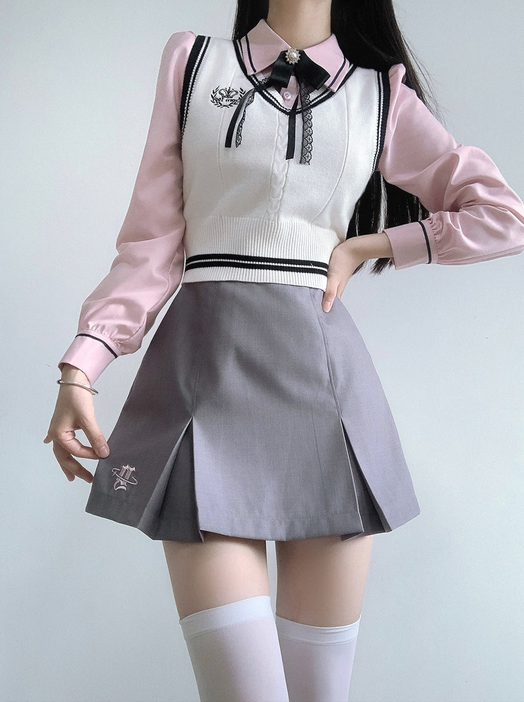 Veste Collège Gilet + Jupe Chemise Box + Slim Plissé Fille Doux Style Ruban