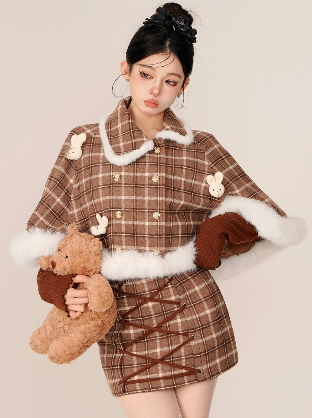 Check Rabbit Fur Mant + Tight Lace-Up Suspender Skirt