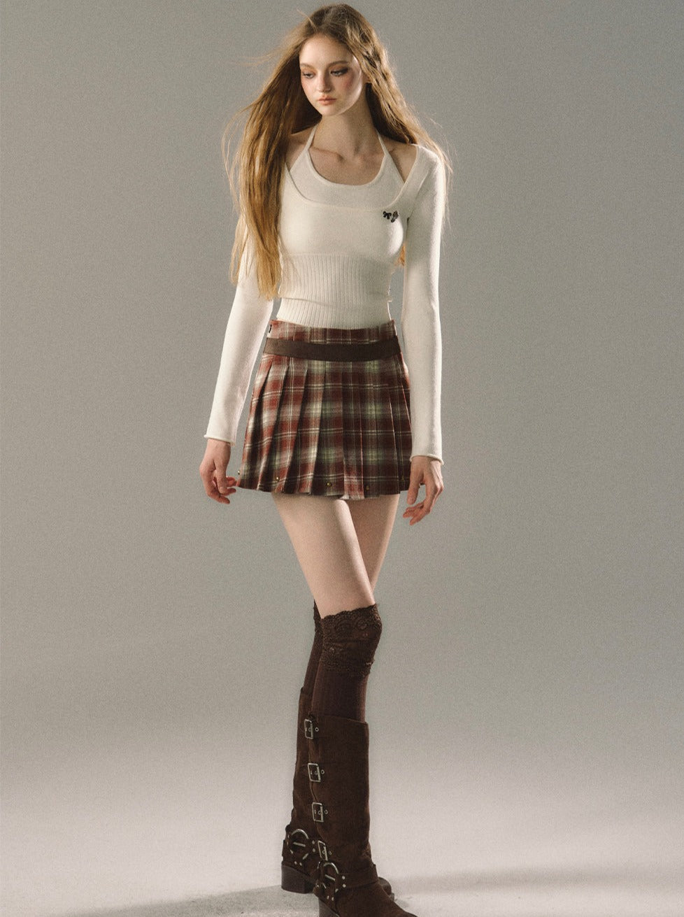 Dark Check Mode College Pleated Skirt