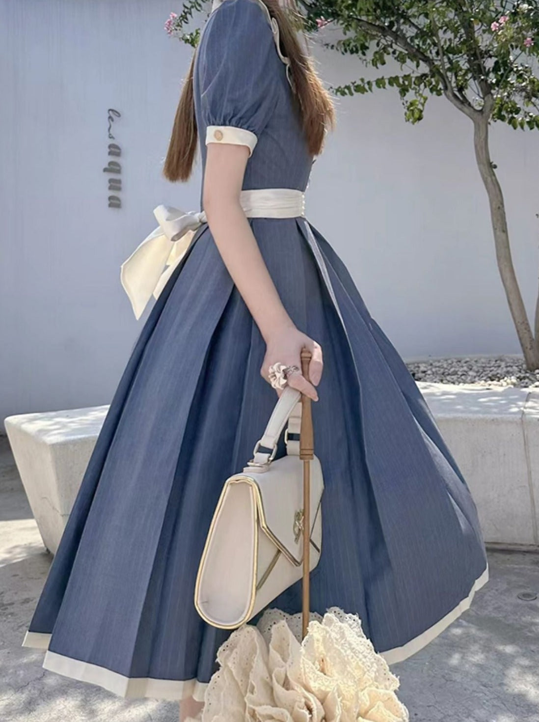 Summer Belt Waist + Collar Dress Ruffle White Retro