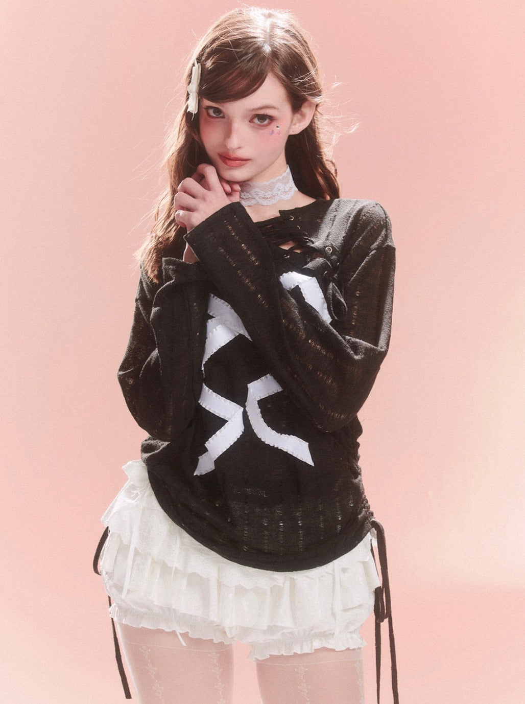 Sheer Lace-up Design Ribbon Top Asymmetrical