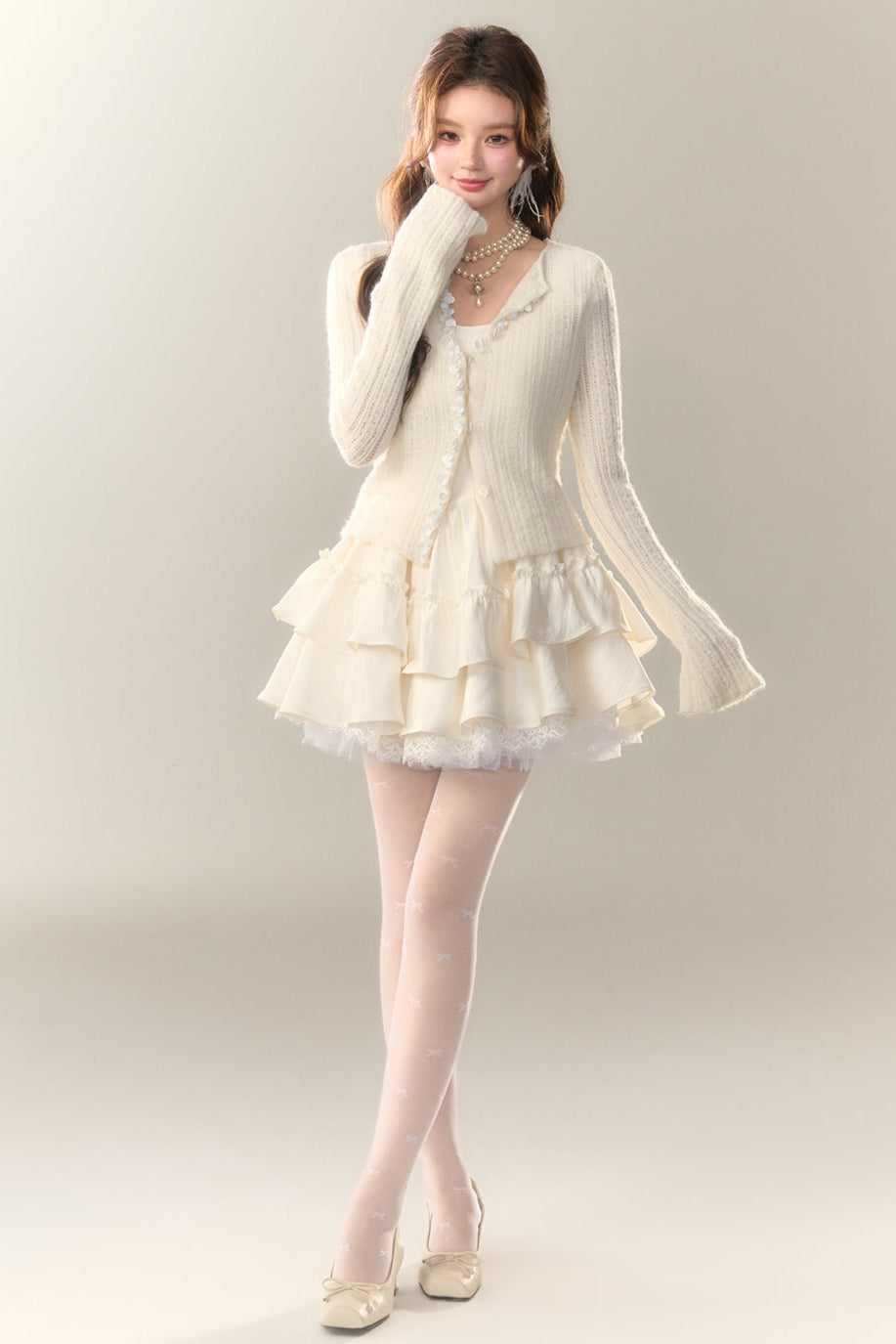 Flying Cream Dress Lace Sleeve Shoe Puffy