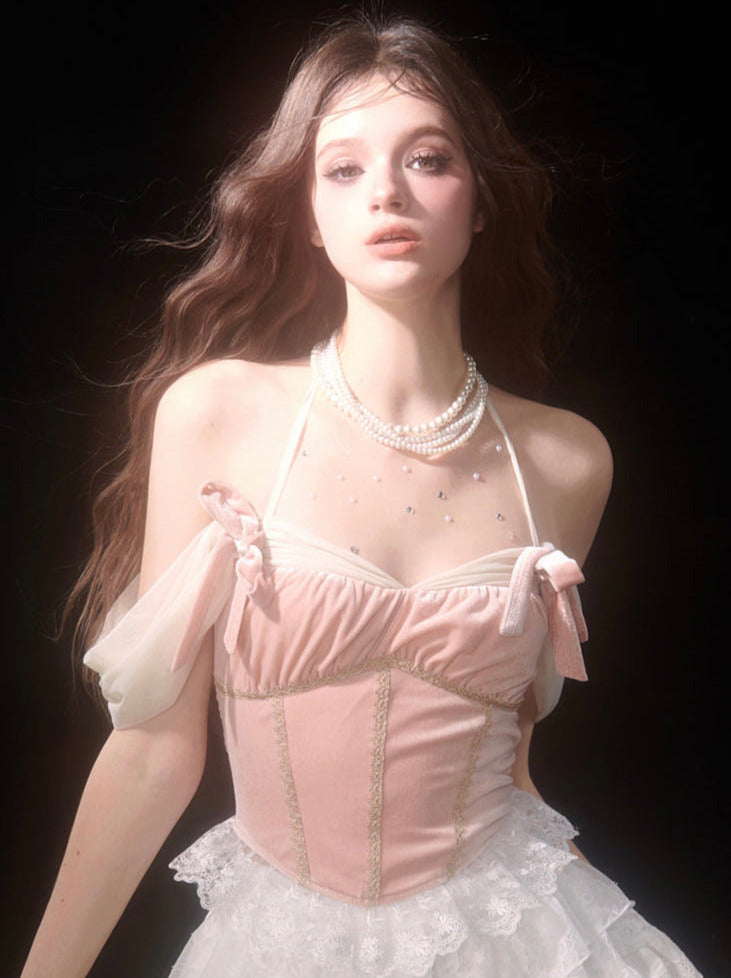 Lace White Lace Off-the-shoulder Cake Style + Ballet Skirt Top Pink Velvet Strap