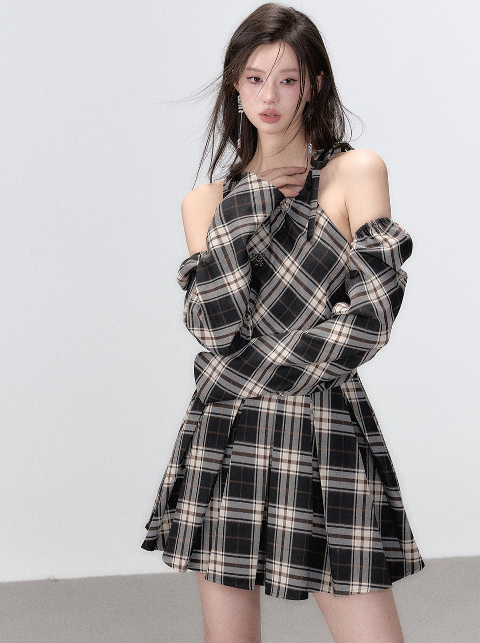 Line Ribbon Suspender Dress French Check