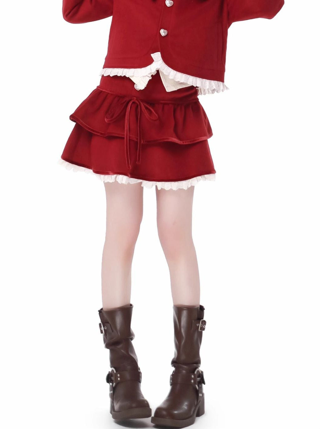 Veste courte à volants en ruban, support de chant, couleur foncée, motif chemise, jupe, costume