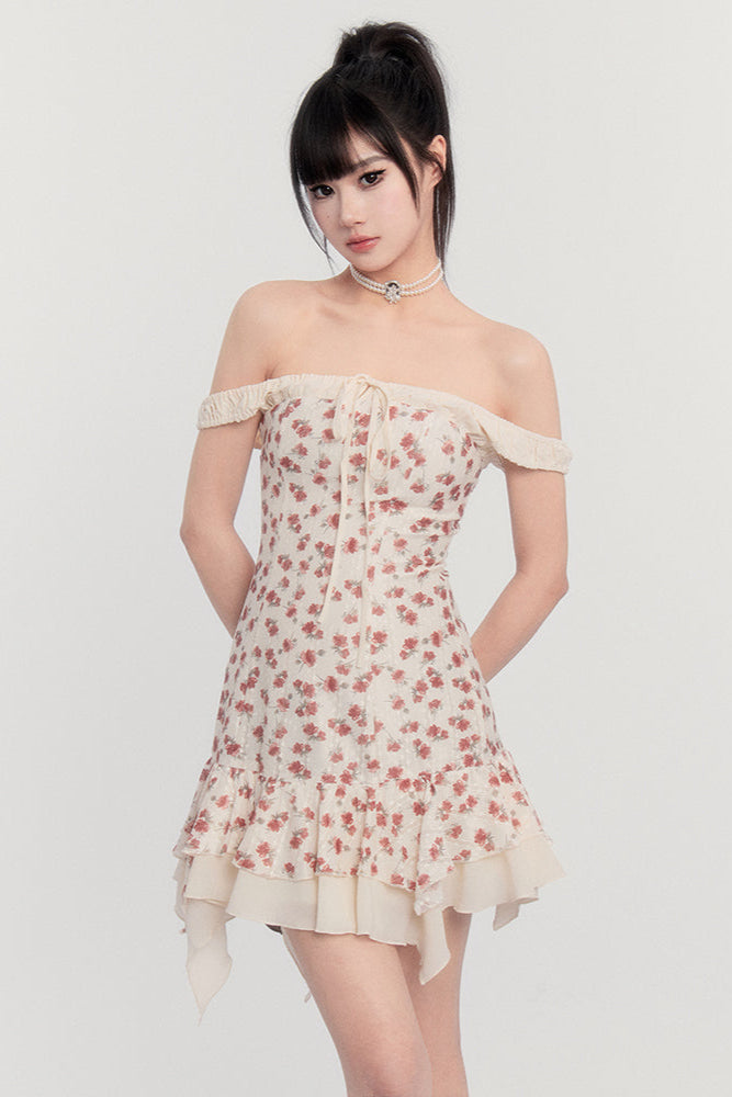Off-Shoulder French Letter Dress Flower Love