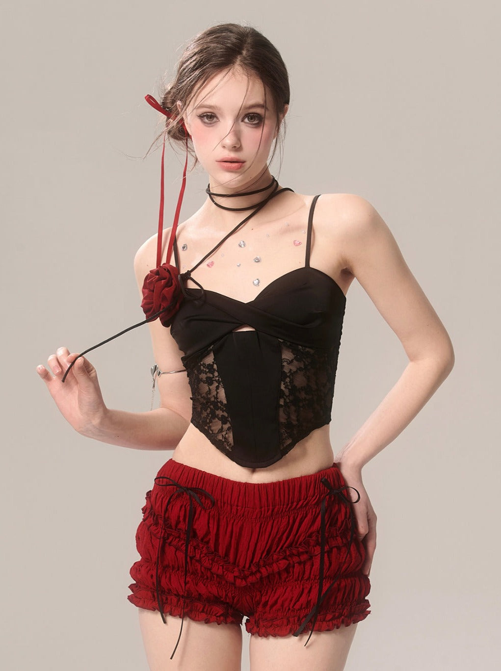 Ruffle Cherry Shorts Red