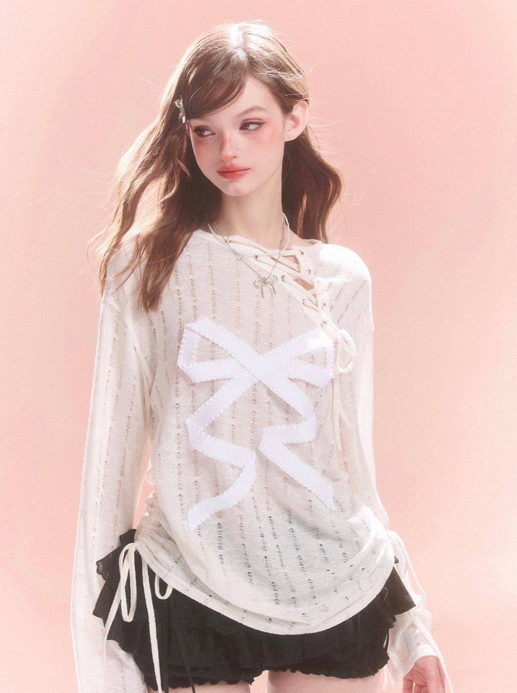 Sheer Lace-up Design Ribbon Top Asymmetrical