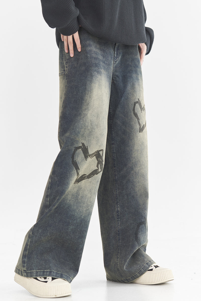 Heart Print Style Street Jeans