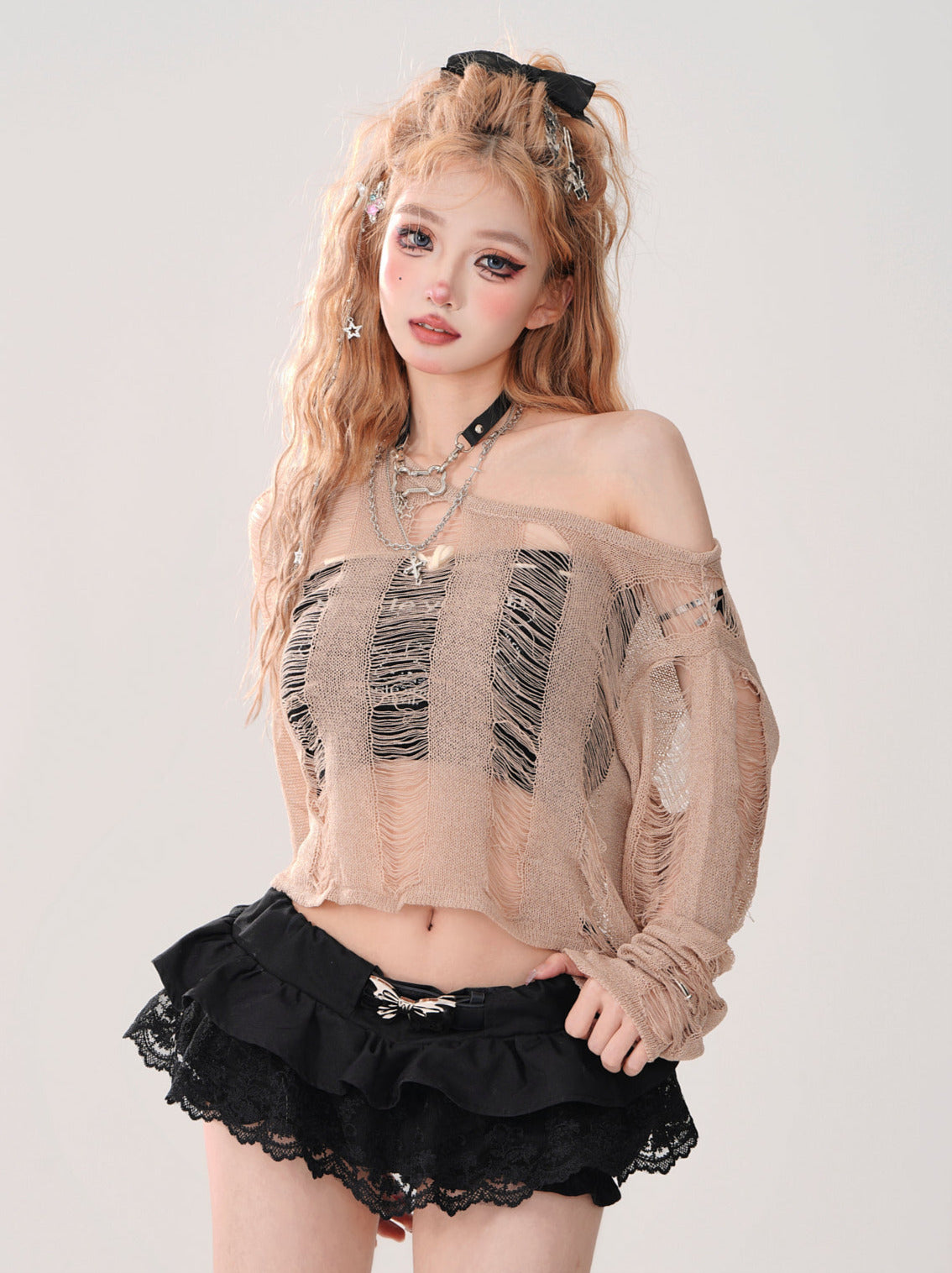 Short Top Ripped + Knit Off-Shoulder Lace-Up Top Back Tube