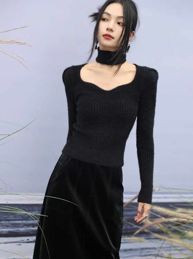 Pull ras du cou à col licou en tricot