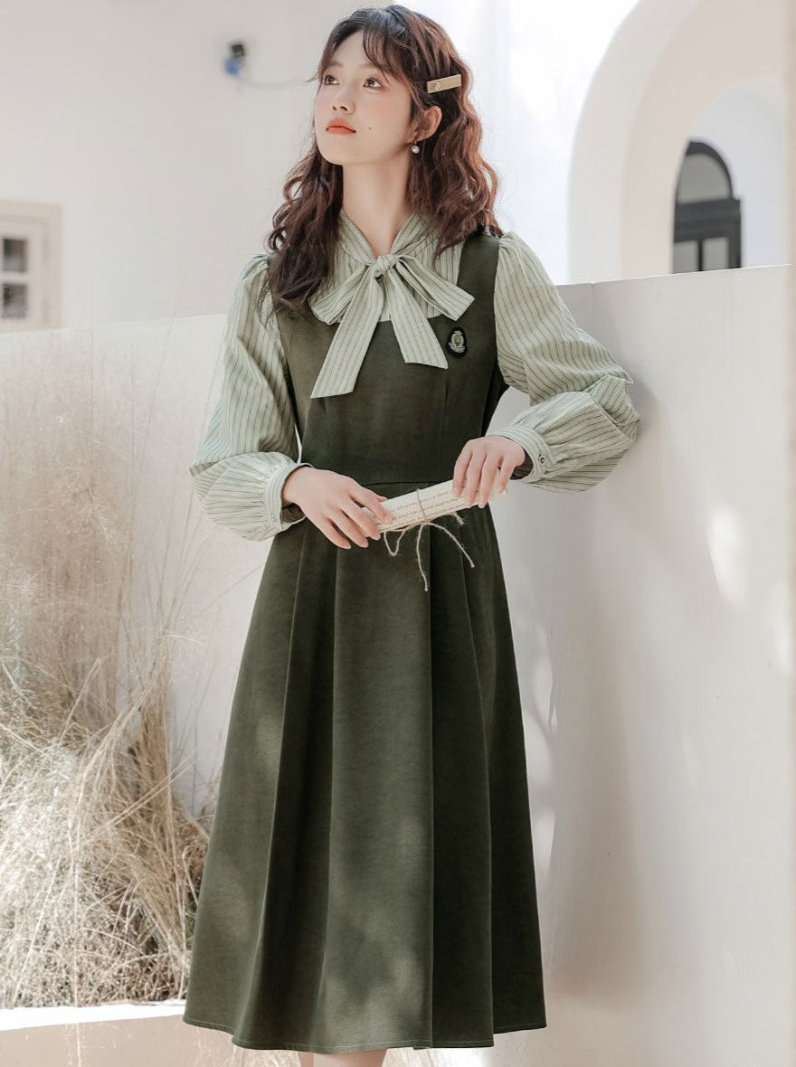 Striped Style Dress Splicing Faux College