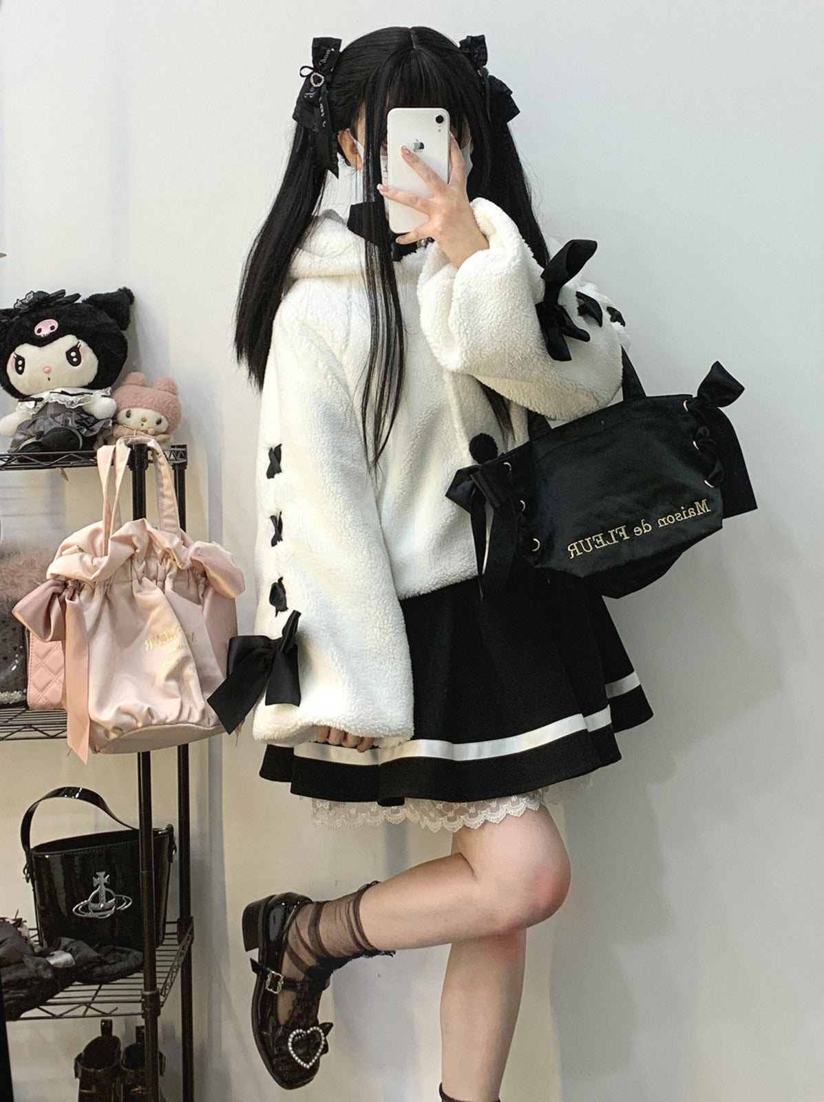 うさぎ耳フーディレース アプリボン プラッシュボアコート