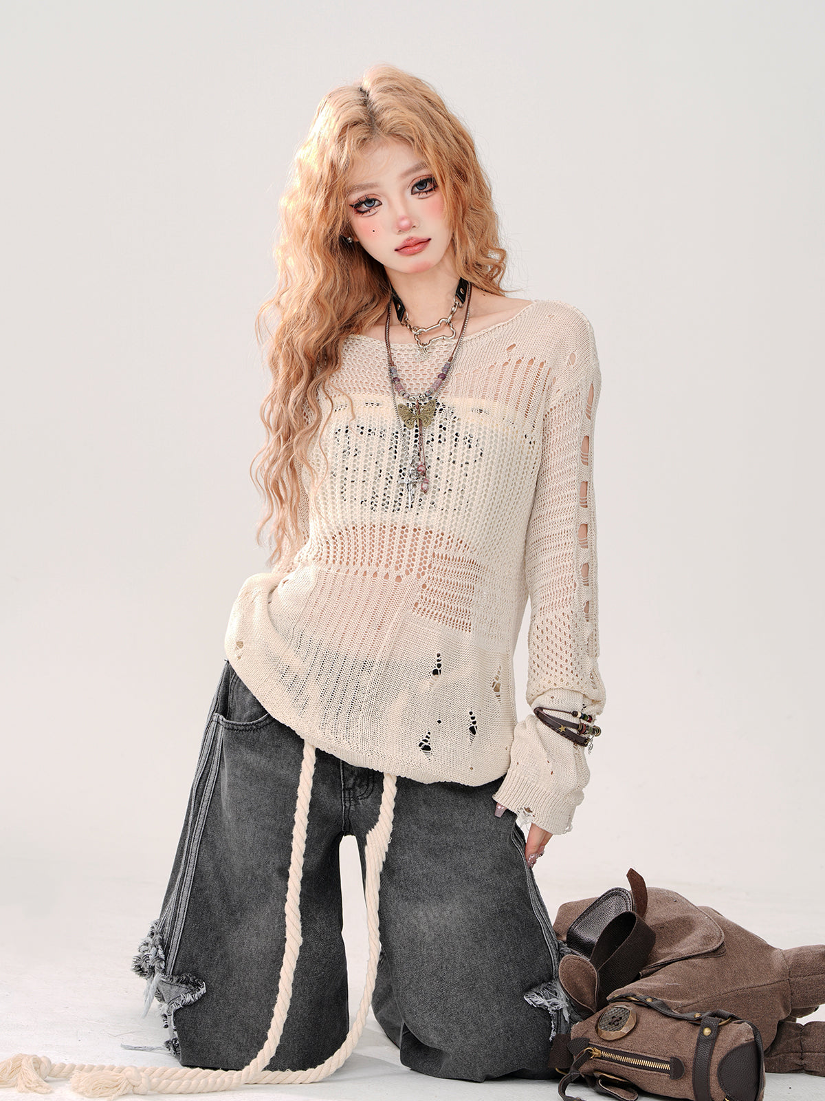 Summer Knit + Tube Top Openwork Sheer Ripped