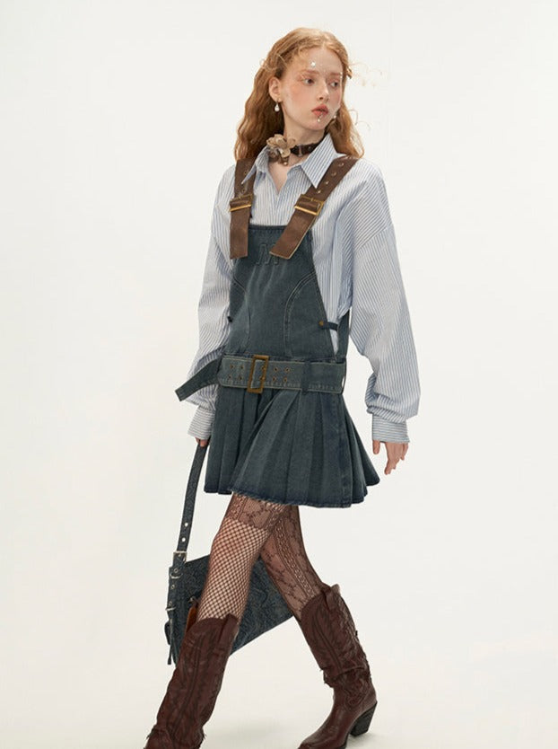 Leather Belted Logo Pleated Denim Suspender Skirt