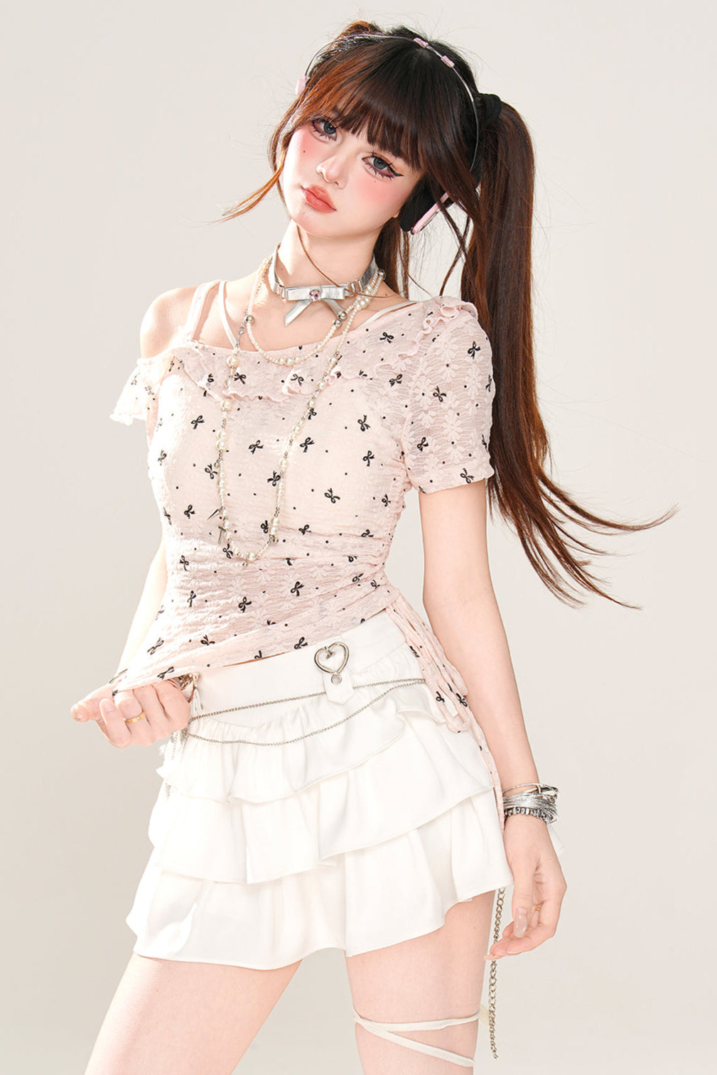 Off-the-shoulder Sheer Milky Bow Top