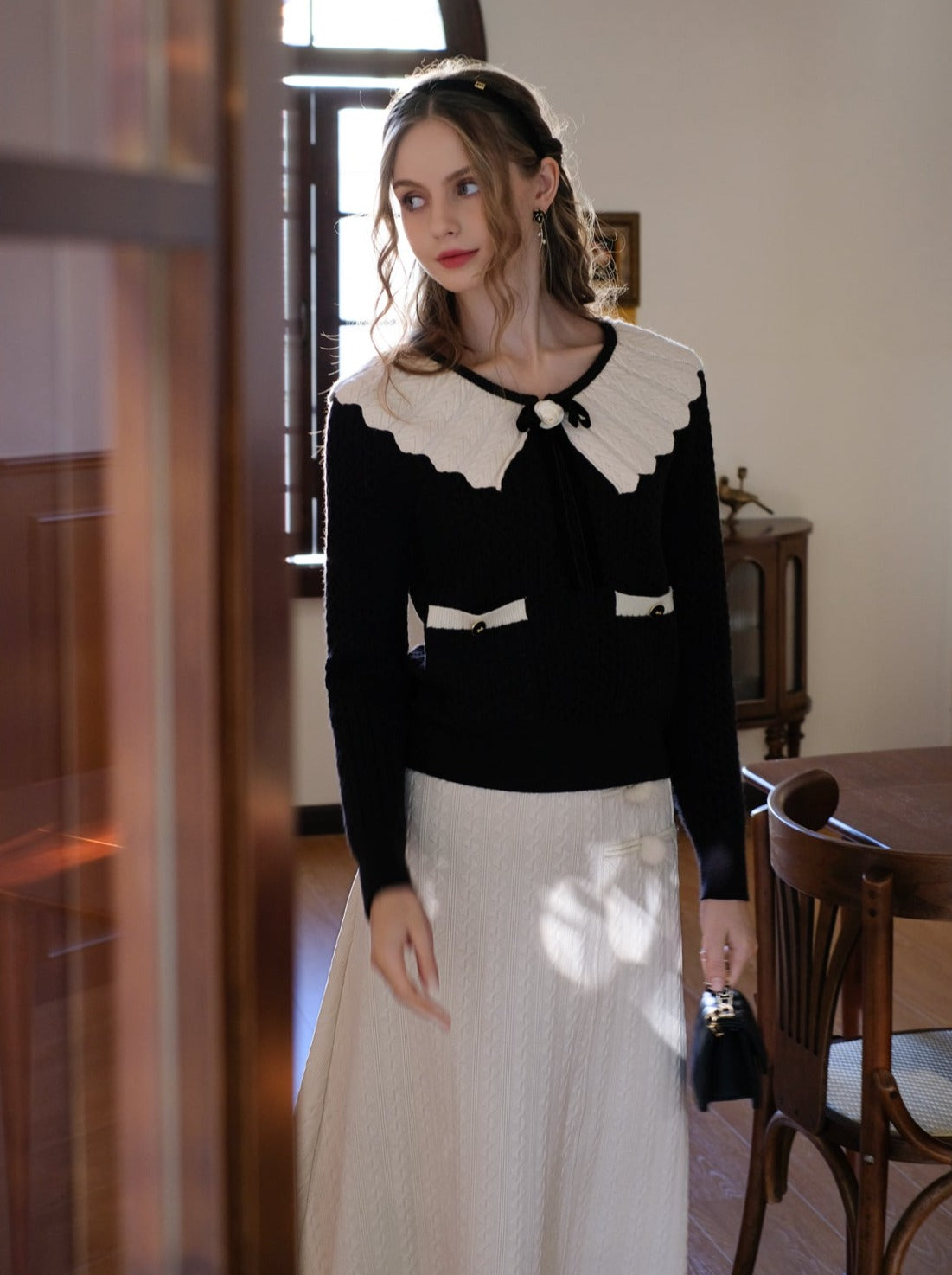Sweater Block Web Ribbon Retro Lapel French Color Cardigan