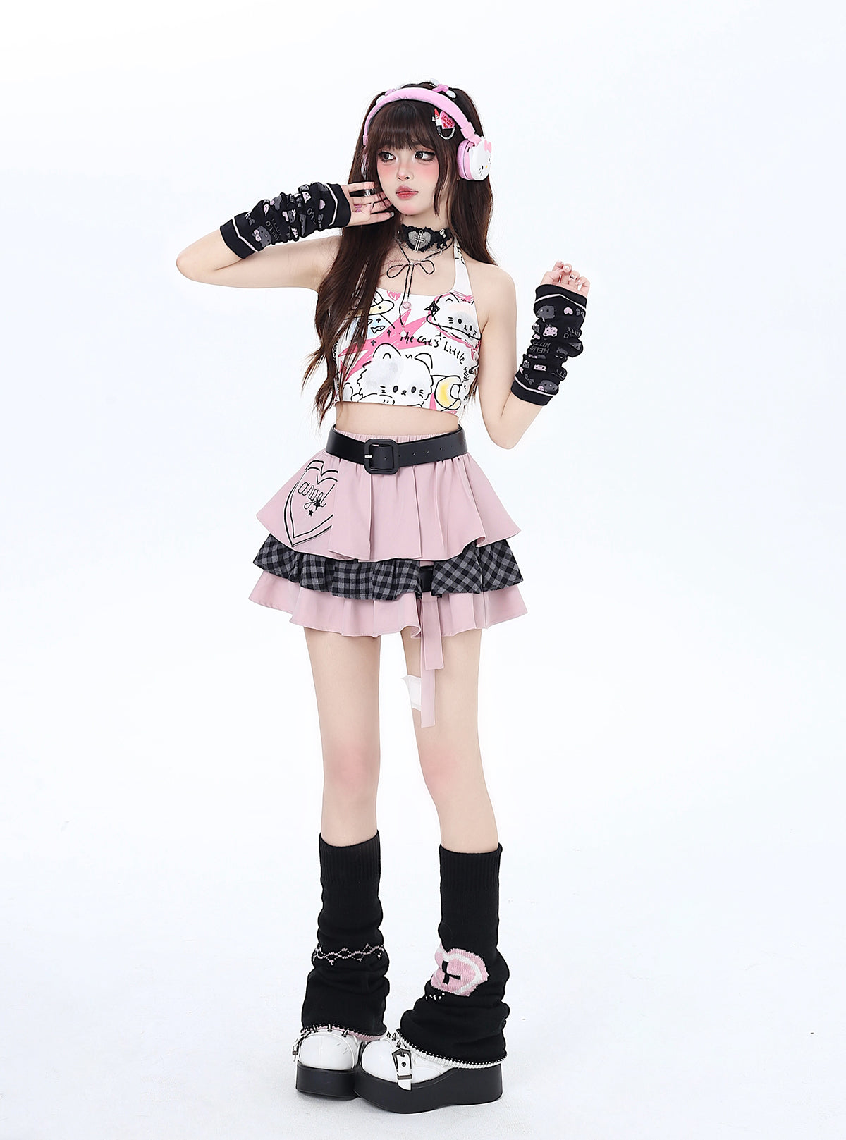 Pure Cute Print Halter Neck Top Graffiti Cat