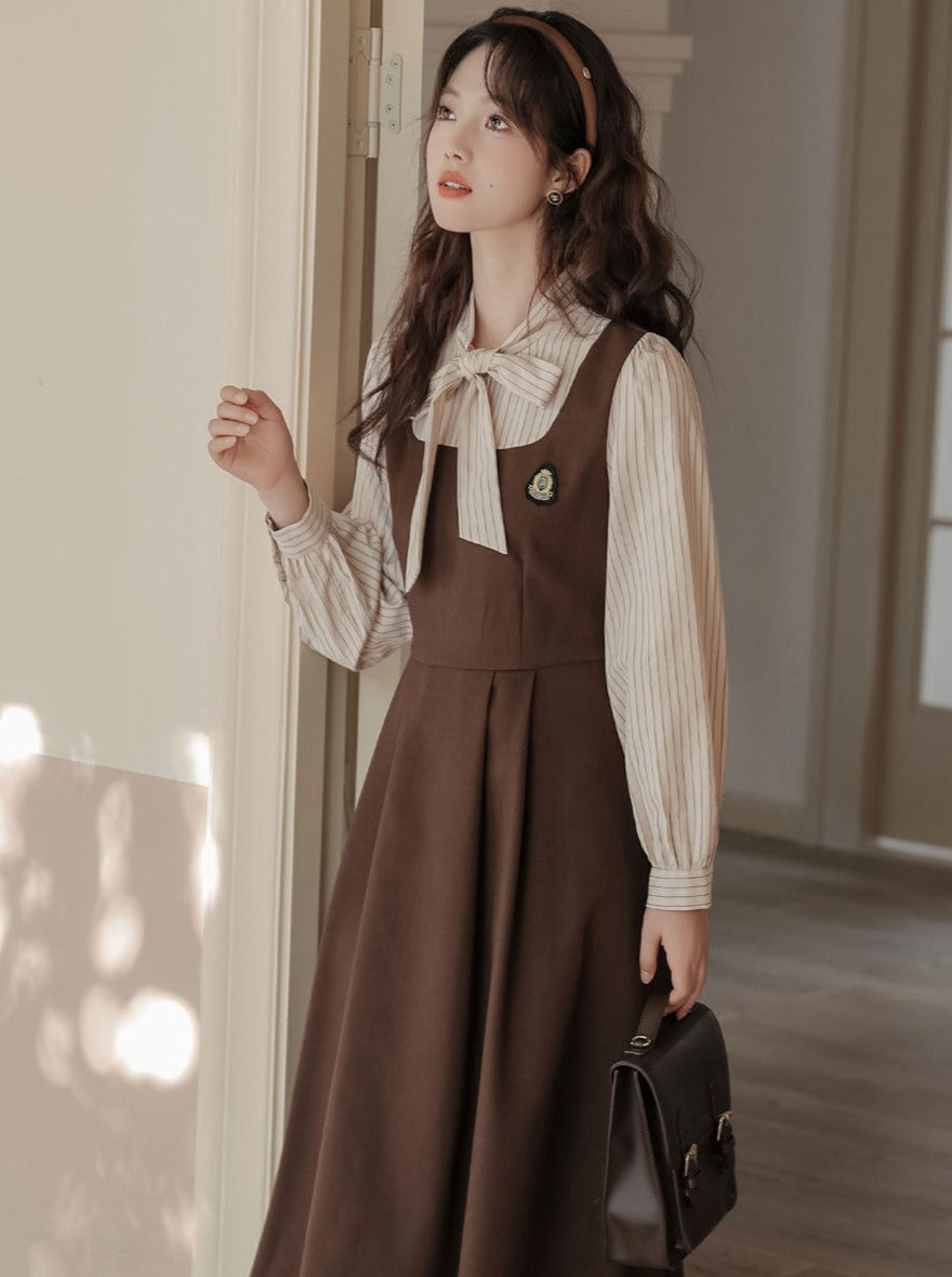 Striped Style Dress Splicing Faux College