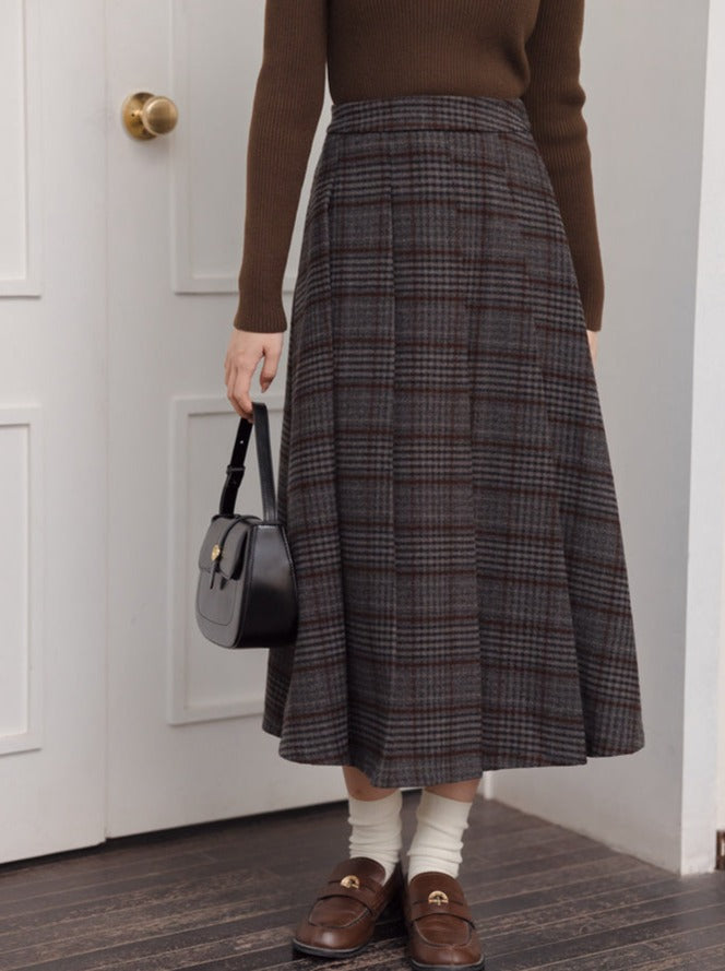 Gray Skirt Check Pleated Long Retro