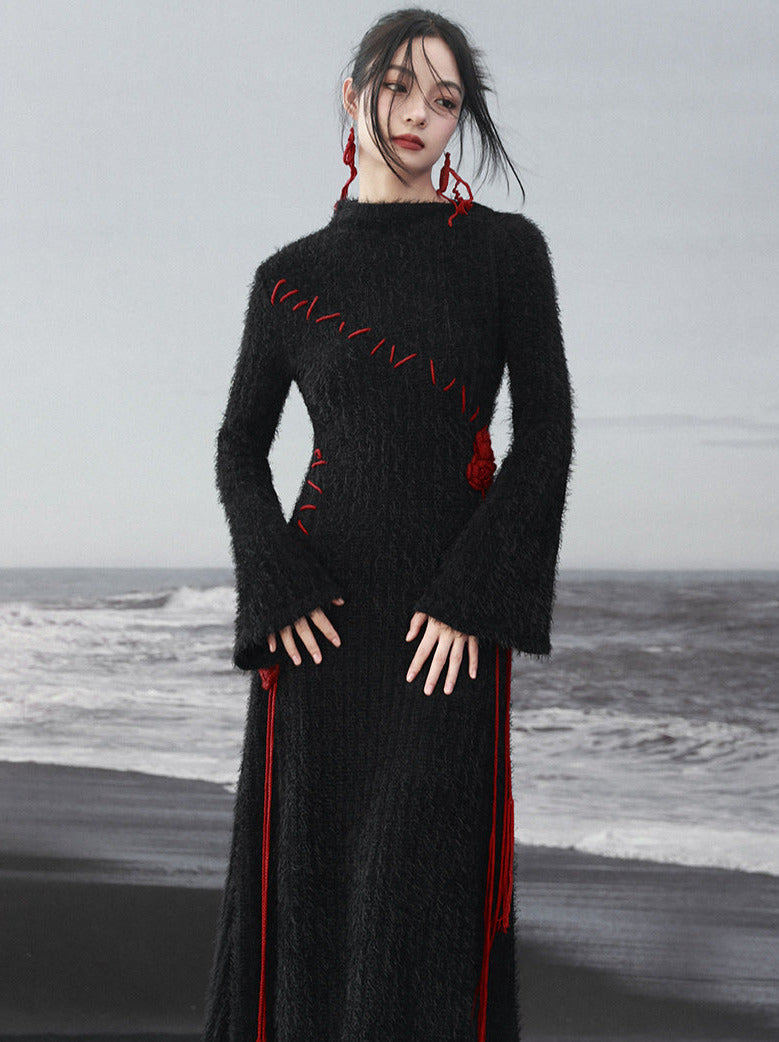 Contrast Dress Rose Irregular Red Knit Sleeve Dark Black Bell