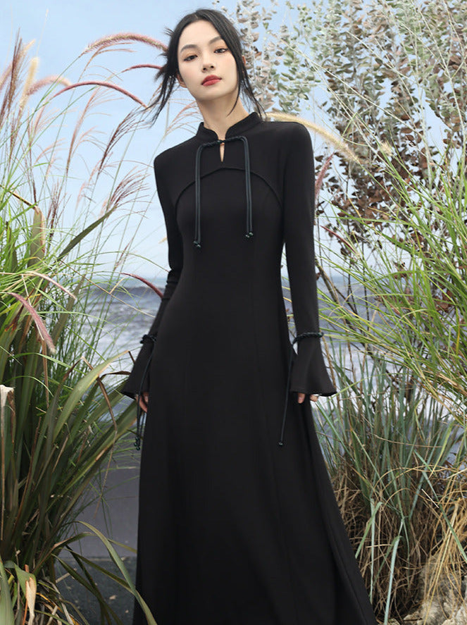 Bell Knit Retro Sleeve Dress China Buckle Long