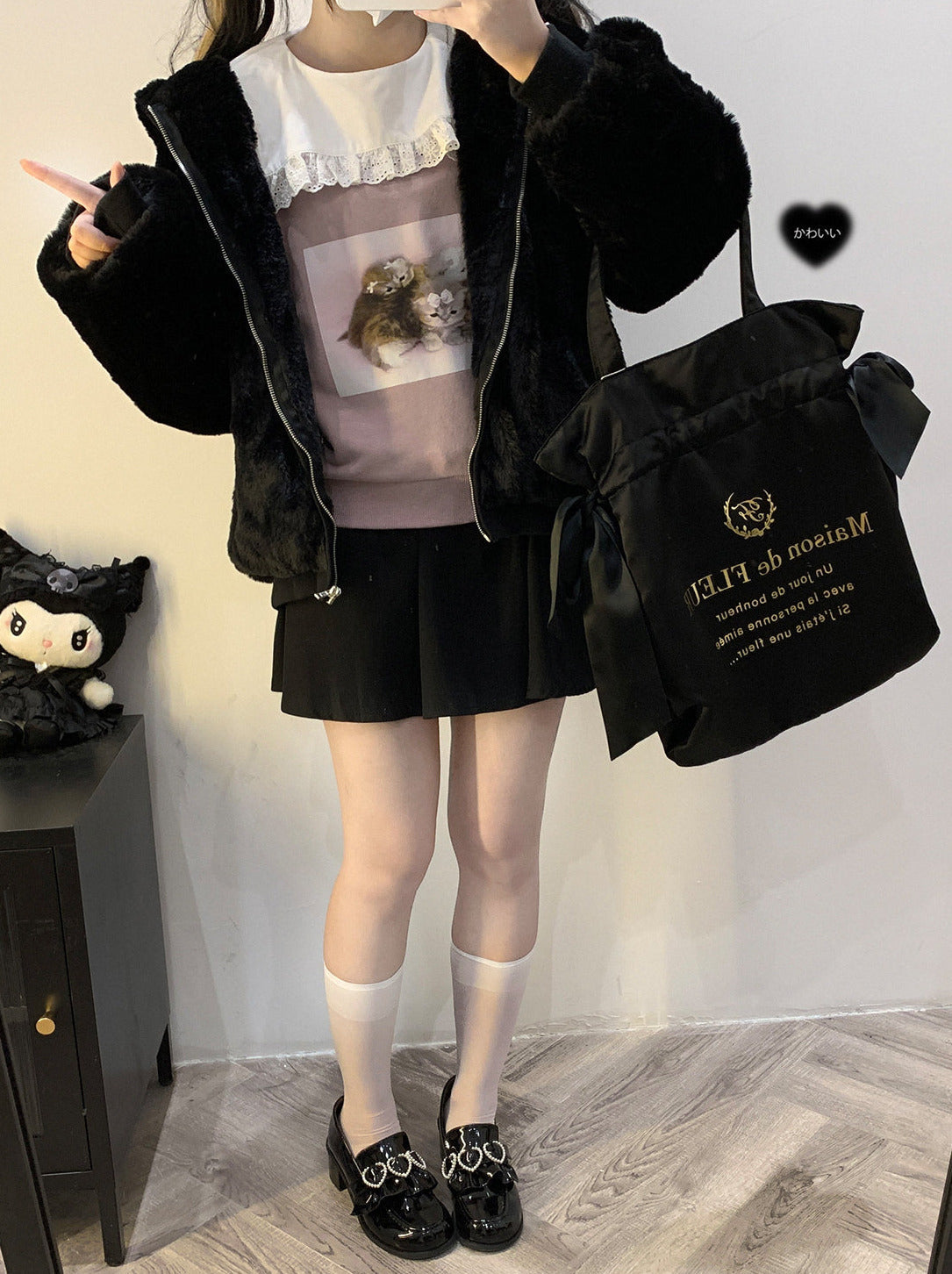 レーススクエアカラーキャットプリントトレーナー