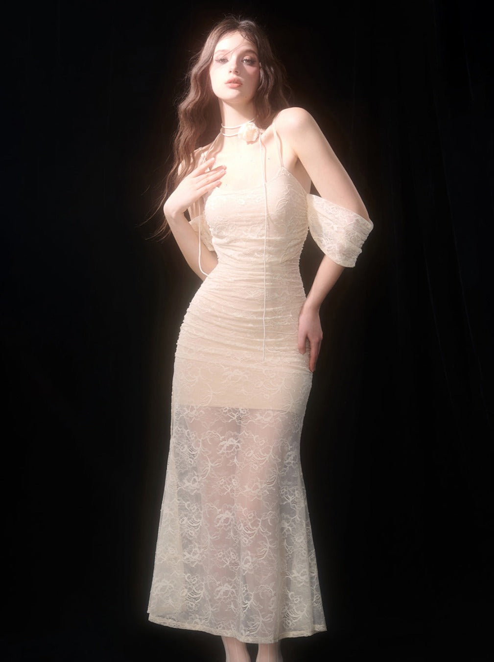 Lace Sheer Dress Apricot Long