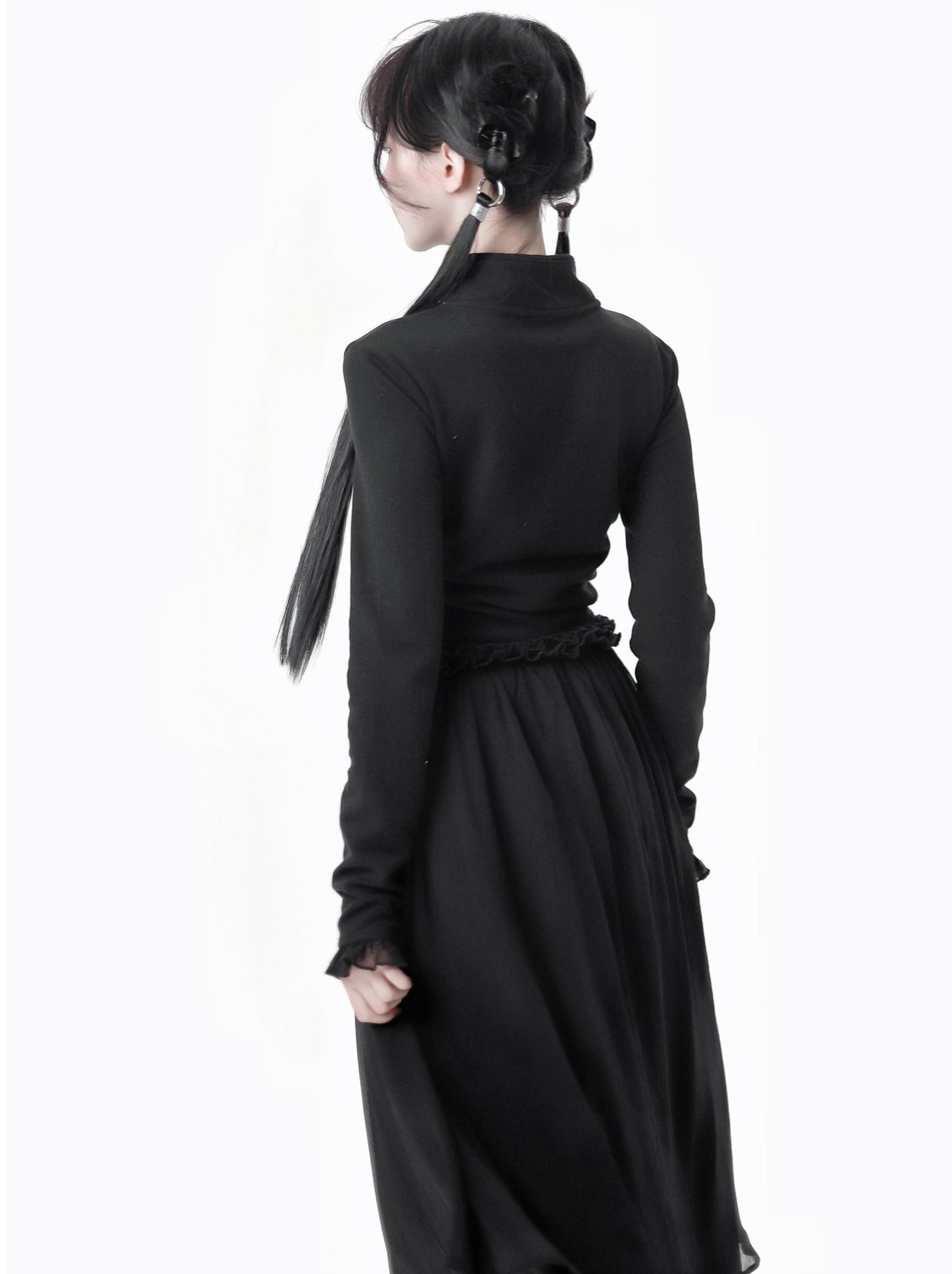 チャイナホイト ブラックニット スプリングウエスト フリル トゥルドレス