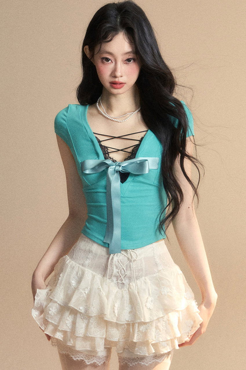 Top Reservations Ribbon Trim Lace Chic Crop