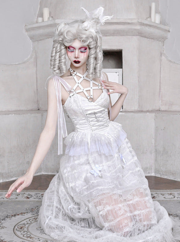 Mesh Schlafen Pentagramm Gothic Spitze Hosenträger Weiß Alice Dunkles Kleid