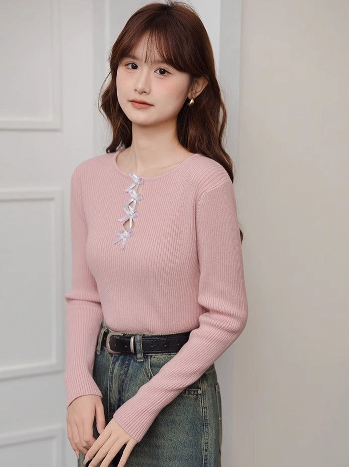 Wool Neck Round Loose Slim Top Design Ribbon