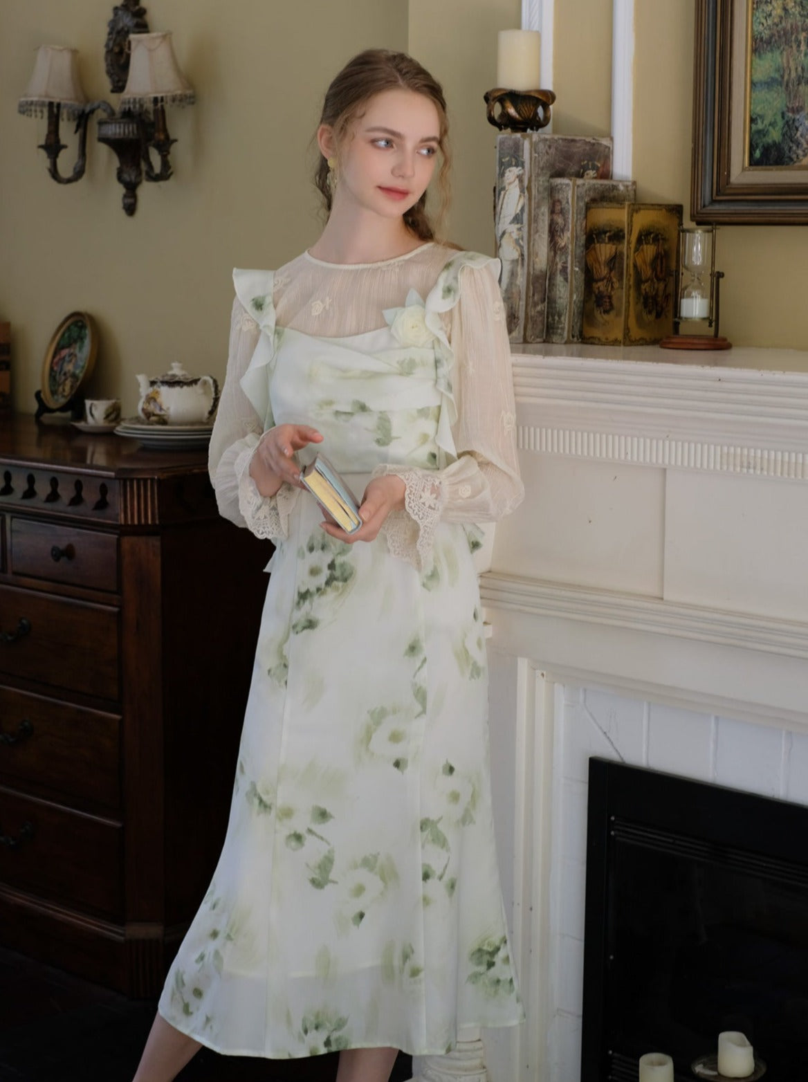 Skirt Top Green Camisole Flower Sheer + Chiffon