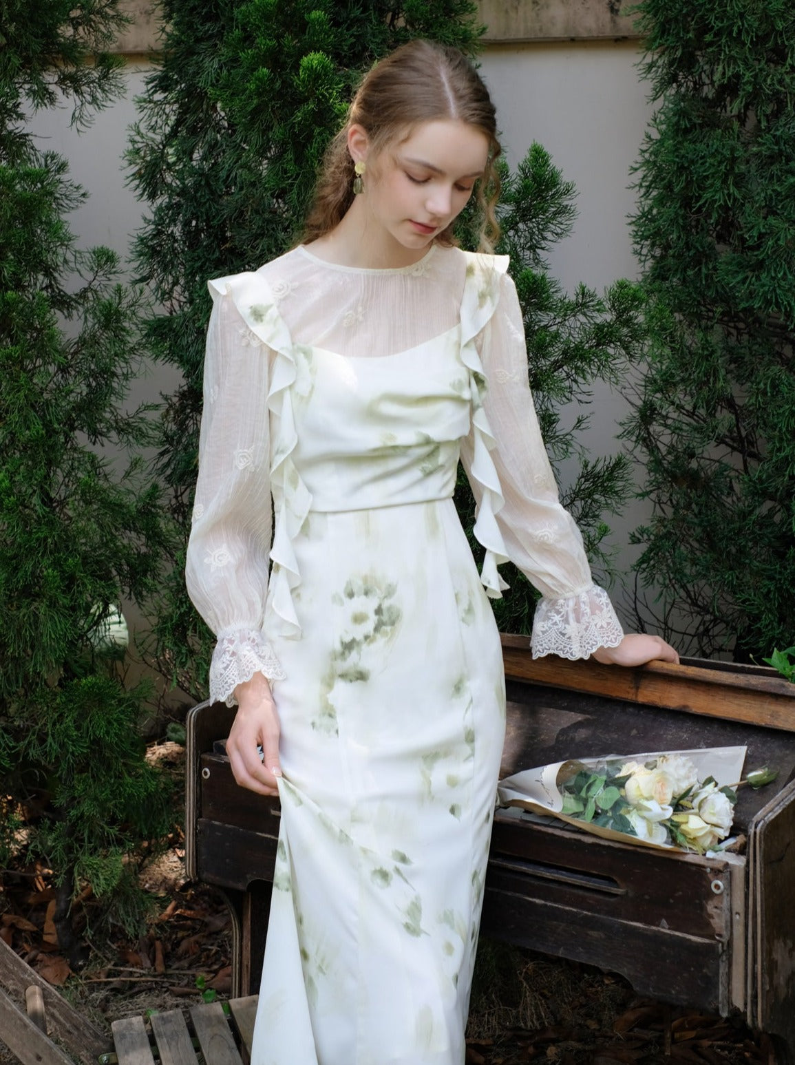 Skirt Top Green Camisole Flower Sheer + Chiffon
