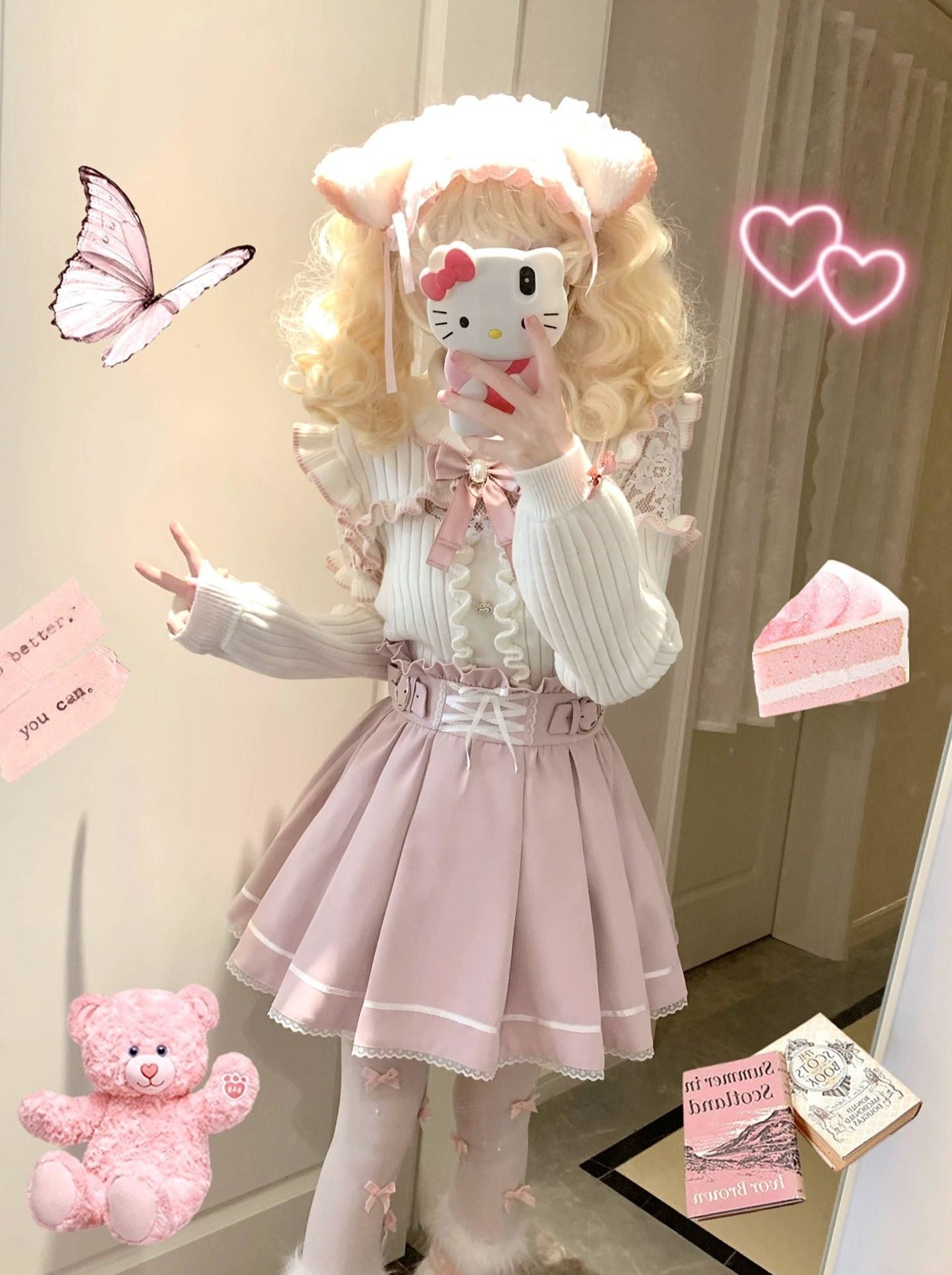 Turtle Neck Lace Frill Ribbon Knit + Nigh Waist Race Up Skirt