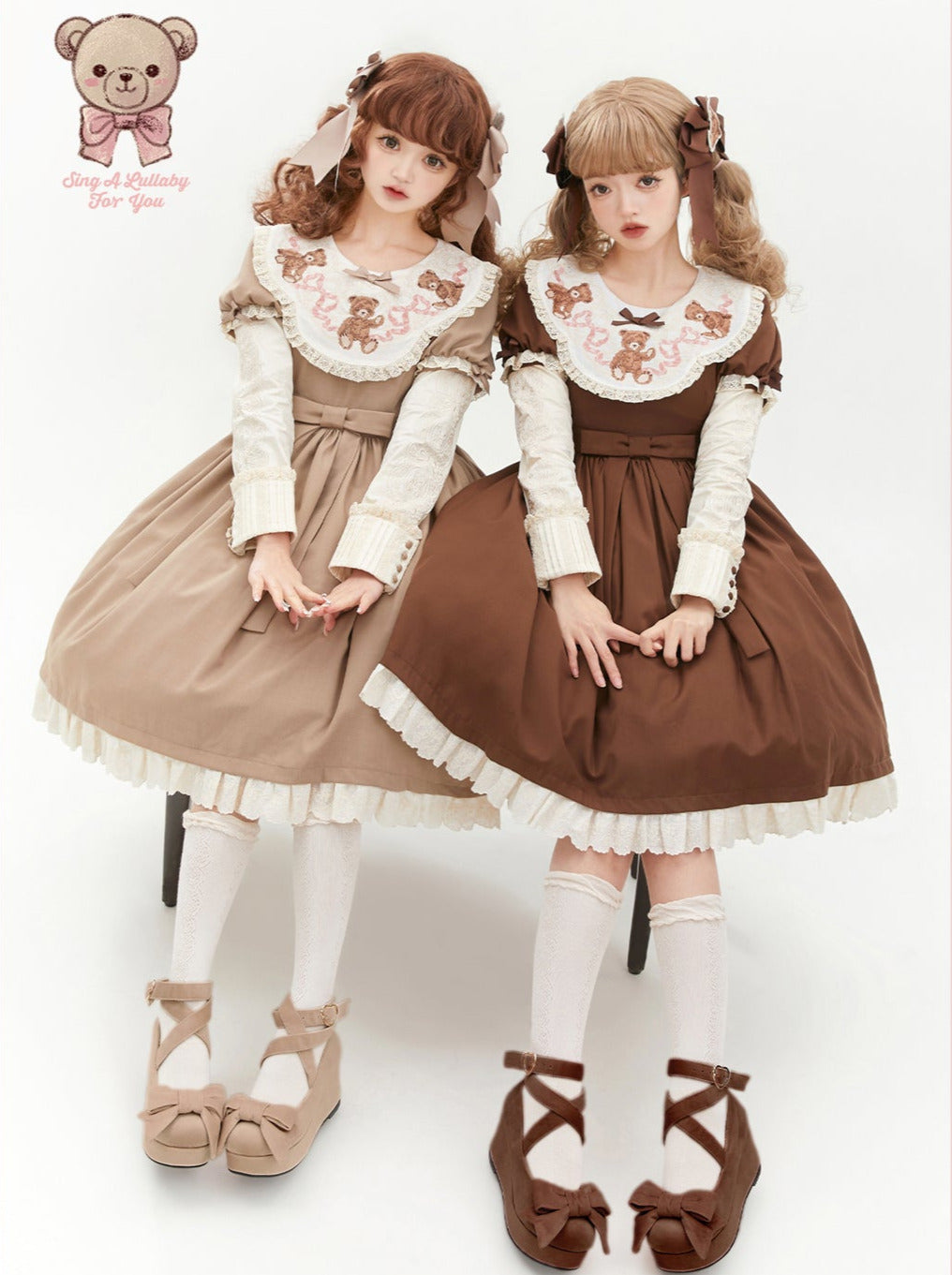 ロリータテディベアフラップレースパフスリーブリボンデレス