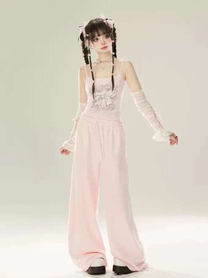 Zip Girly + Loose Butterfly Camisole Pants Jacket Ribbon Sweatshirt Hooded Pink