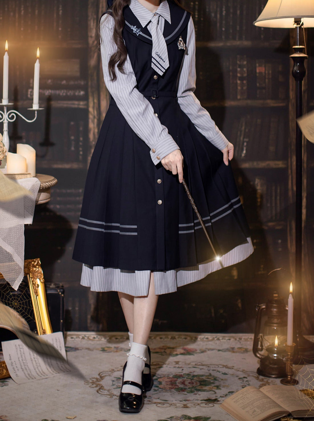 Shirt Dress Color + Tie Pleated Navy Suit Striped Badge Retro Magic Dress Academy
