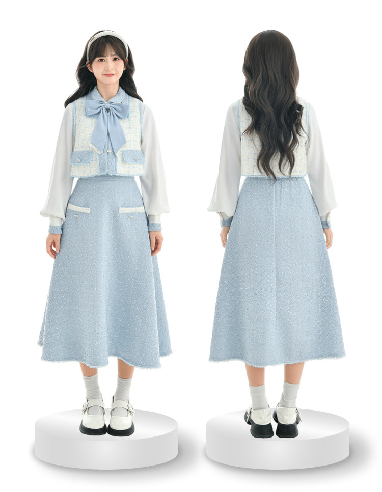 Jupe à ruban Gilet en tweed Parfum de tweed Chemise de costume bleue