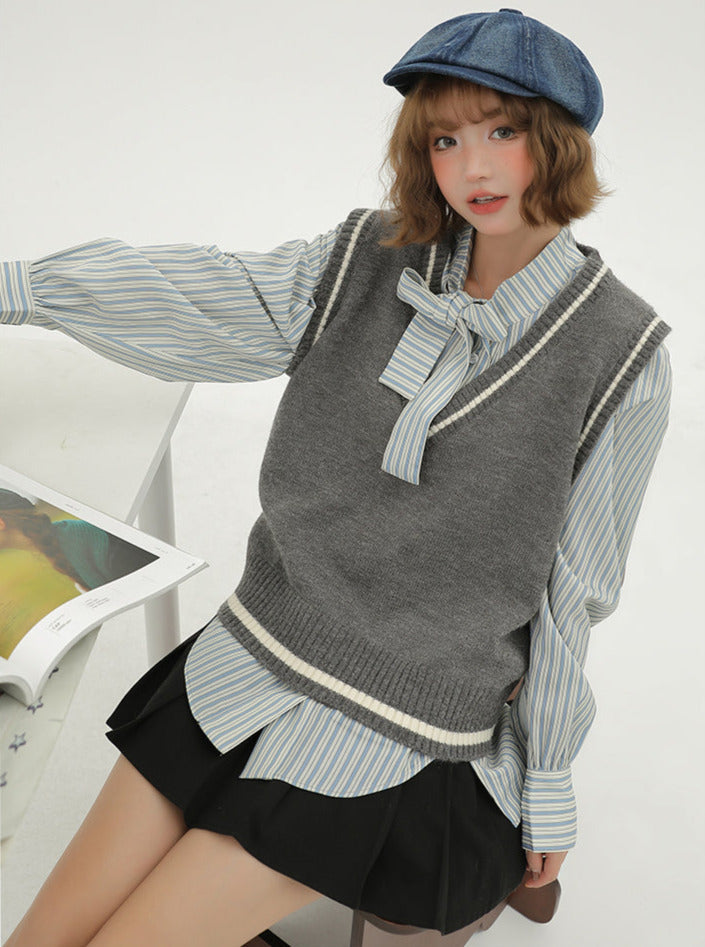 Gilet style coréen + chemise rayée à col en V