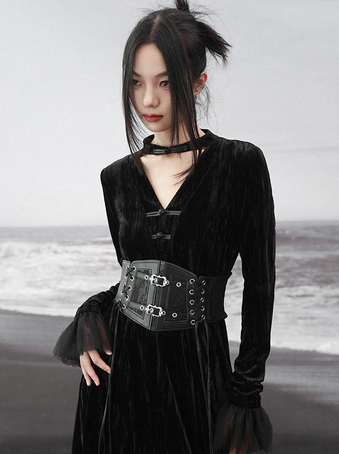 Splicing Stand Chinese V-Collar Mesh Romantic Retro Velvet Black Dress