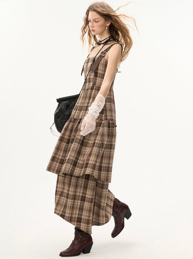 Check Leather Damaged Suspender Skirt