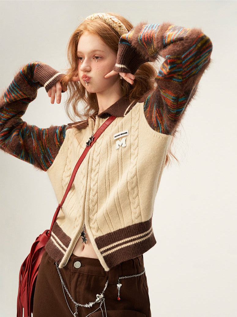 Line Mixed Zipper Double Sweater Cardigan