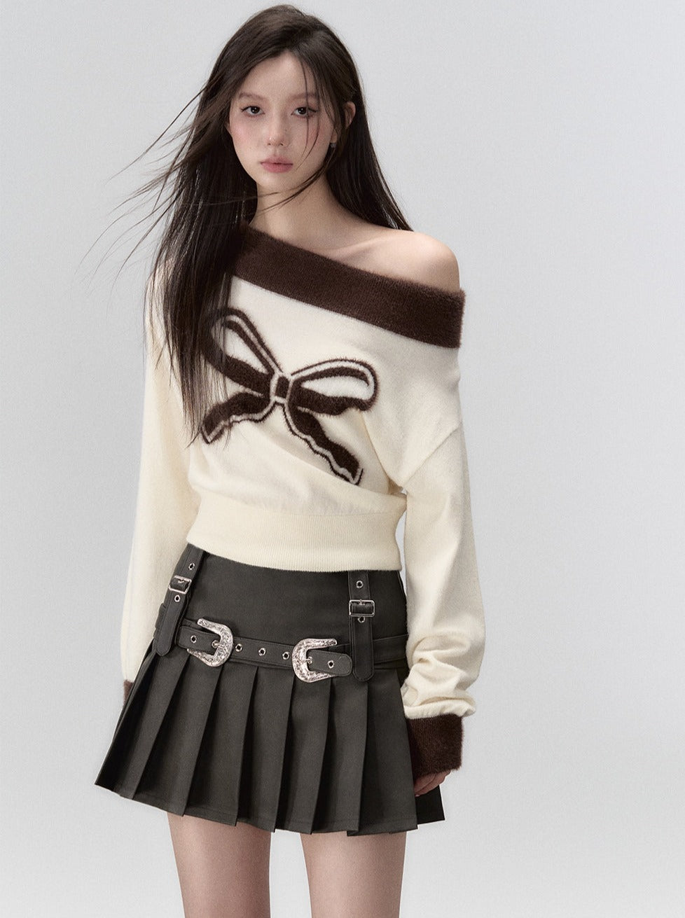 One-shoulder Ribbon Knit Sweater